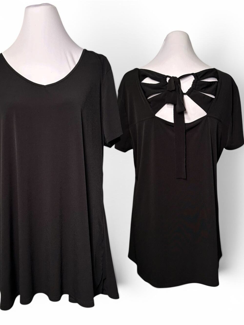 Chico's Tunic Top Size L (Chico's Size 2) Black Cutout Loose Flowy Fit Stretchy